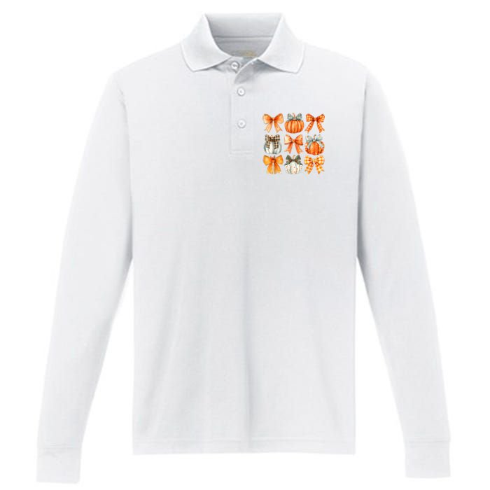 Coquette Bow Pumpkin Season Thanksgiving Autumn Fall Leaves Performance Long Sleeve Polo