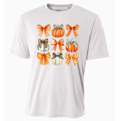 Coquette Bow Pumpkin Season Thanksgiving Autumn Fall Leaves Cooling Performance Crew T-Shirt