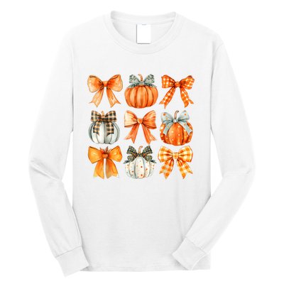 Coquette Bow Pumpkin Season Thanksgiving Autumn Fall Leaves Long Sleeve Shirt