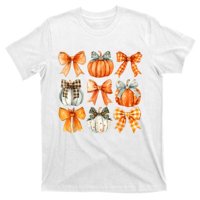 Coquette Bow Pumpkin Season Thanksgiving Autumn Fall Leaves T-Shirt