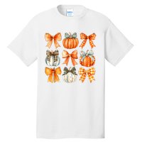 Coquette Bow Pumpkin Season Thanksgiving Autumn Fall Leaves Tall T-Shirt