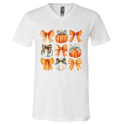 Coquette Bow Pumpkin Season Thanksgiving Autumn Fall Leaves V-Neck T-Shirt