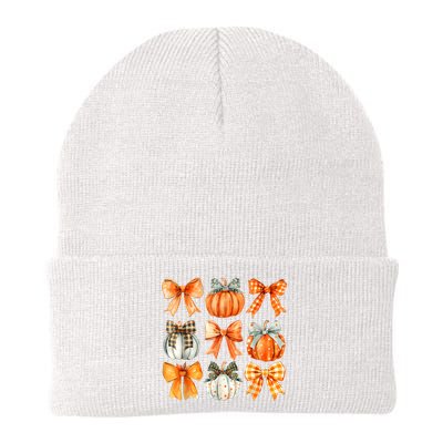 Coquette Bow Pumpkin Season Thanksgiving Autumn Fall Leaves Knit Cap Winter Beanie