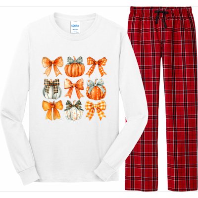 Coquette Bow Pumpkin Season Thanksgiving Autumn Fall Leaves Long Sleeve Pajama Set