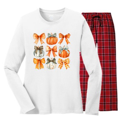 Coquette Bow Pumpkin Season Thanksgiving Autumn Fall Leaves Women's Long Sleeve Flannel Pajama Set 