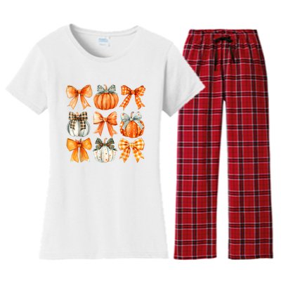 Coquette Bow Pumpkin Season Thanksgiving Autumn Fall Leaves Women's Flannel Pajama Set