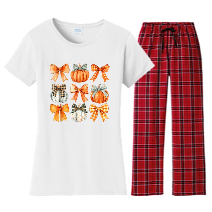 Coquette Bow Pumpkin Season Thanksgiving Autumn Fall Leaves Women's Flannel Pajama Set