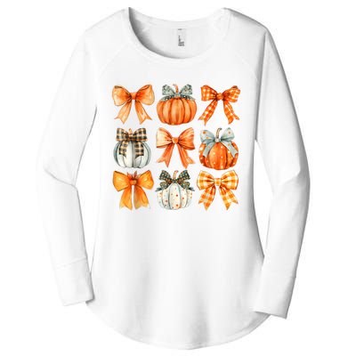 Coquette Bow Pumpkin Season Thanksgiving Autumn Fall Leaves Women's Perfect Tri Tunic Long Sleeve Shirt