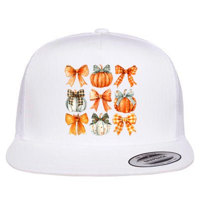 Coquette Bow Pumpkin Season Thanksgiving Autumn Fall Leaves Flat Bill Trucker Hat