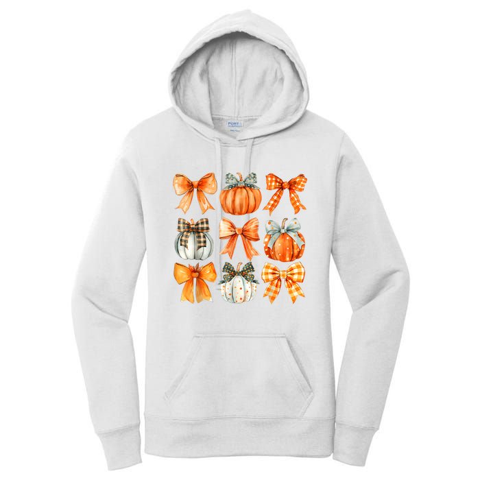 Coquette Bow Pumpkin Season Thanksgiving Autumn Fall Leaves Women's Pullover Hoodie