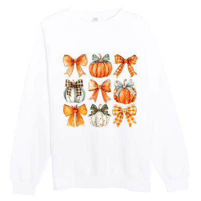 Coquette Bow Pumpkin Season Thanksgiving Autumn Fall Leaves Premium Crewneck Sweatshirt