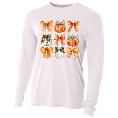 Coquette Bow Pumpkin Season Thanksgiving Autumn Fall Leaves Cooling Performance Long Sleeve Crew