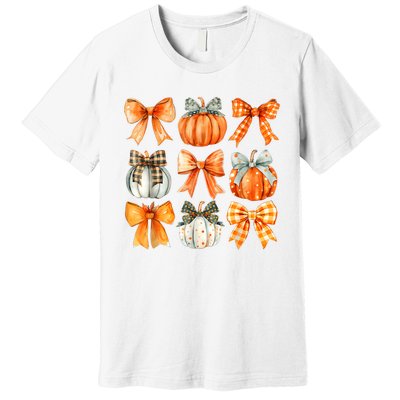 Coquette Bow Pumpkin Season Thanksgiving Autumn Fall Leaves Premium T-Shirt