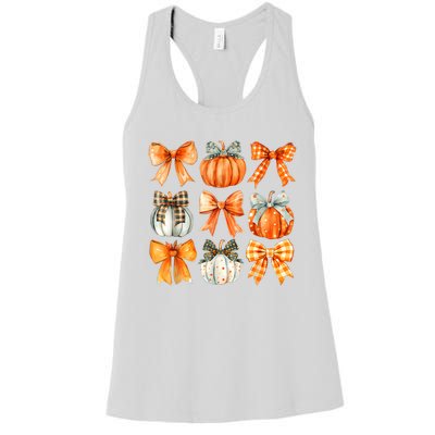 Coquette Bow Pumpkin Season Thanksgiving Autumn Fall Leaves Women's Racerback Tank