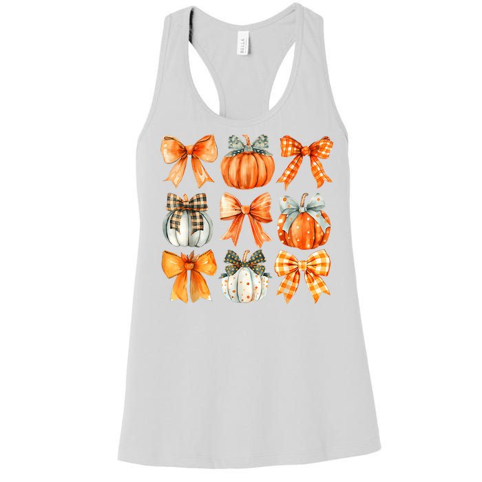 Coquette Bow Pumpkin Season Thanksgiving Autumn Fall Leaves Women's Racerback Tank