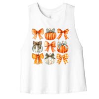 Coquette Bow Pumpkin Season Thanksgiving Autumn Fall Leaves Women's Racerback Cropped Tank