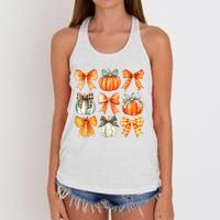 Coquette Bow Pumpkin Season Thanksgiving Autumn Fall Leaves Women's Knotted Racerback Tank