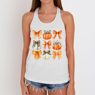 Coquette Bow Pumpkin Season Thanksgiving Autumn Fall Leaves Women's Knotted Racerback Tank