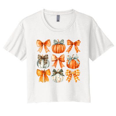 Coquette Bow Pumpkin Season Thanksgiving Autumn Fall Leaves Women's Crop Top Tee