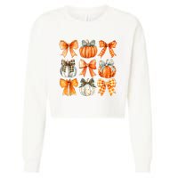 Coquette Bow Pumpkin Season Thanksgiving Autumn Fall Leaves Cropped Pullover Crew