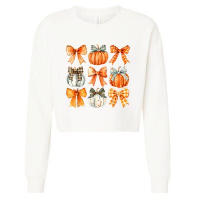 Coquette Bow Pumpkin Season Thanksgiving Autumn Fall Leaves Cropped Pullover Crew