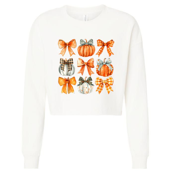 Coquette Bow Pumpkin Season Thanksgiving Autumn Fall Leaves Cropped Pullover Crew