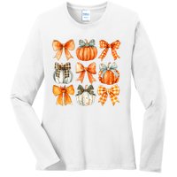 Coquette Bow Pumpkin Season Thanksgiving Autumn Fall Leaves Ladies Long Sleeve Shirt