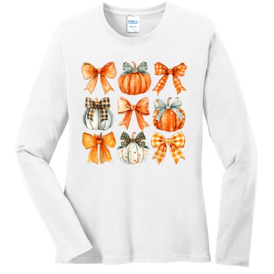 Coquette Bow Pumpkin Season Thanksgiving Autumn Fall Leaves Ladies Long Sleeve Shirt