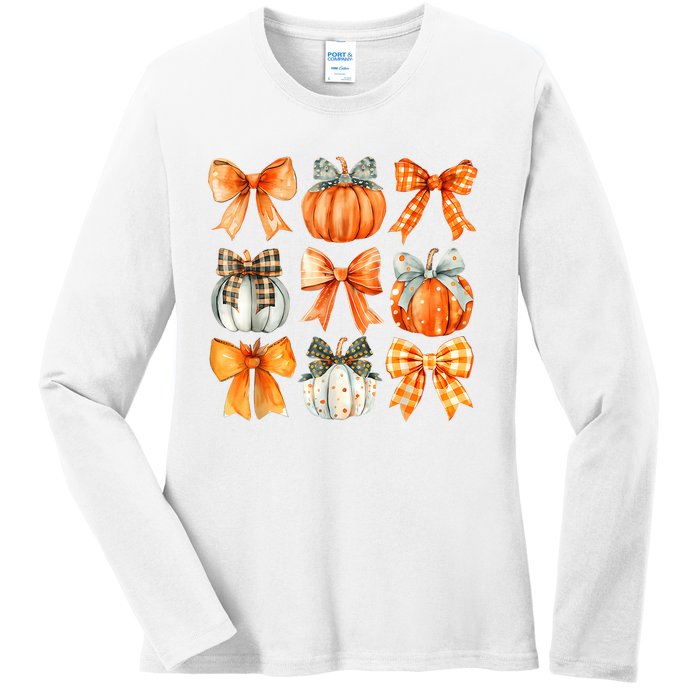 Coquette Bow Pumpkin Season Thanksgiving Autumn Fall Leaves Ladies Long Sleeve Shirt