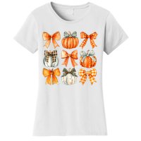 Coquette Bow Pumpkin Season Thanksgiving Autumn Fall Leaves Women's T-Shirt