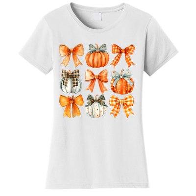 Coquette Bow Pumpkin Season Thanksgiving Autumn Fall Leaves Women's T-Shirt