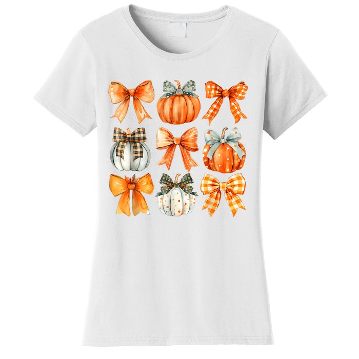 Coquette Bow Pumpkin Season Thanksgiving Autumn Fall Leaves Women's T-Shirt