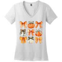 Coquette Bow Pumpkin Season Thanksgiving Autumn Fall Leaves Women's V-Neck T-Shirt