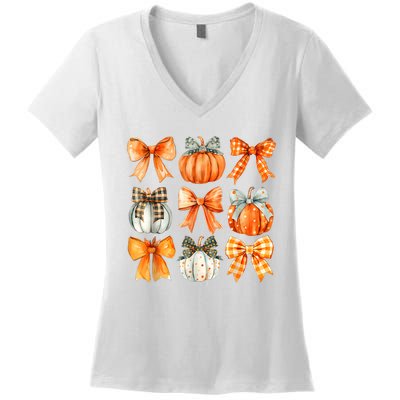 Coquette Bow Pumpkin Season Thanksgiving Autumn Fall Leaves Women's V-Neck T-Shirt