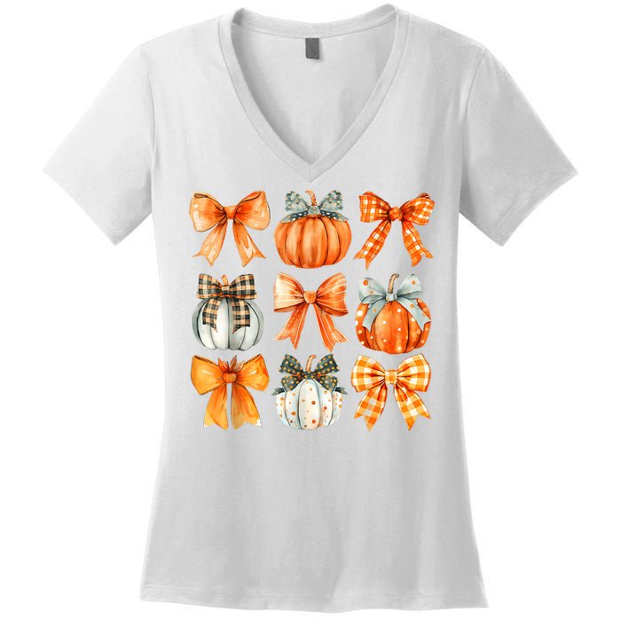 Coquette Bow Pumpkin Season Thanksgiving Autumn Fall Leaves Women's V-Neck T-Shirt