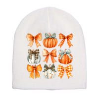 Coquette Bow Pumpkin Season Thanksgiving Autumn Fall Leaves Short Acrylic Beanie