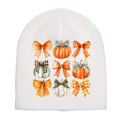 Coquette Bow Pumpkin Season Thanksgiving Autumn Fall Leaves Short Acrylic Beanie