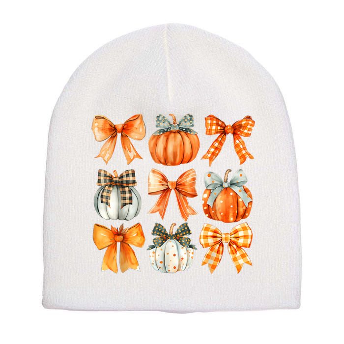 Coquette Bow Pumpkin Season Thanksgiving Autumn Fall Leaves Short Acrylic Beanie