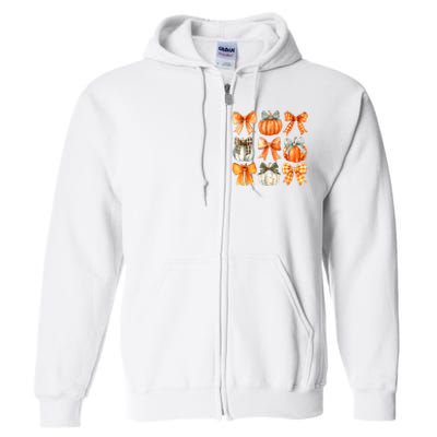 Coquette Bow Pumpkin Season Thanksgiving Autumn Fall Leaves Full Zip Hoodie