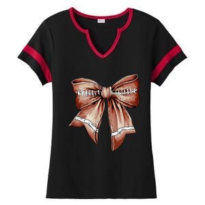 Coquette Bow Pumpkin American Football Thanksgiving Autumn Ladies Halftime Notch Neck Tee