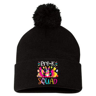 Cute Bunnies Pre K Teacher Squad Easter Day Tie Dye Pom Pom 12in Knit Beanie
