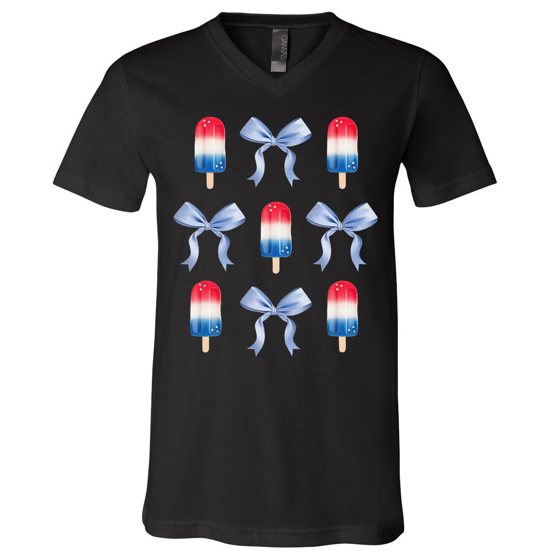 Coquette Bow Preppy 4th Of July Popsicle Bow Girl Women V-Neck T-Shirt