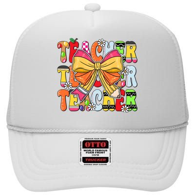 Coquette Bow Pencil Teacher Life High Crown Mesh Back Trucker Hat