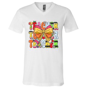 Coquette Bow Pencil Teacher Life V-Neck T-Shirt