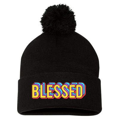 Colorful Blessed Quote Gift Pom Pom 12in Knit Beanie