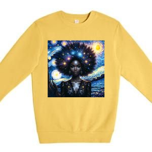 Colorfull Black Queen Afro American Starry Night Junenth Great Gift Premium Crewneck Sweatshirt