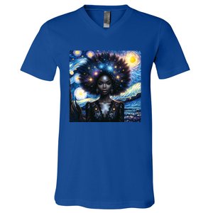 Colorfull Black Queen Afro American Starry Night Junenth Great Gift V-Neck T-Shirt