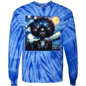 Colorfull Black Queen Afro American Starry Night Junenth Great Gift Tie-Dye Long Sleeve Shirt