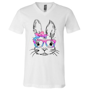 Cute Bunny Rabbit Face Tie Dye Glasses Easter Day V-Neck T-Shirt