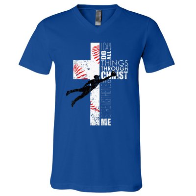 Christian Baseball Religious Cross Graphic V-Neck T-Shirt